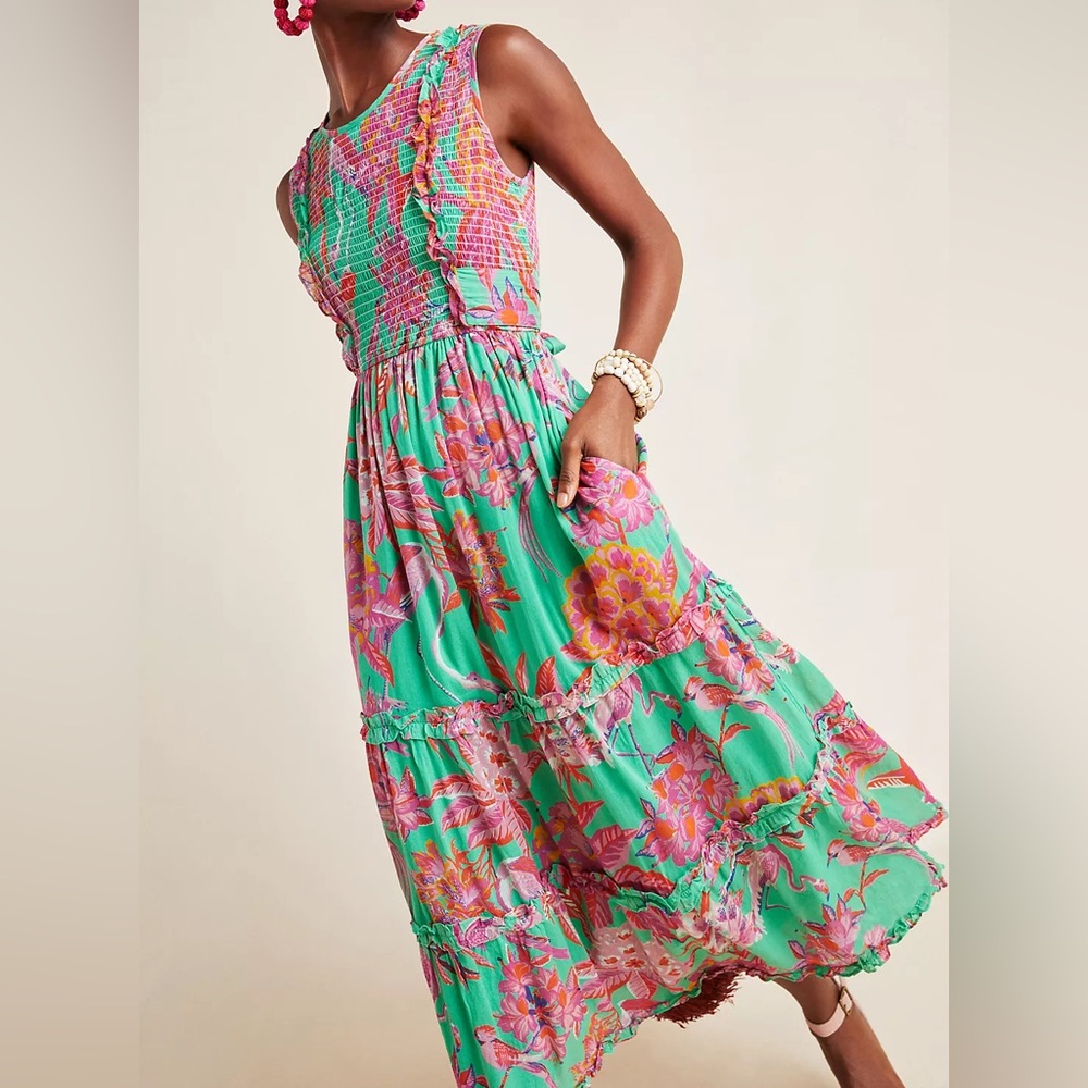 banjanan isha smocked midi dress green pink flowers xs anthropologie sleeveless